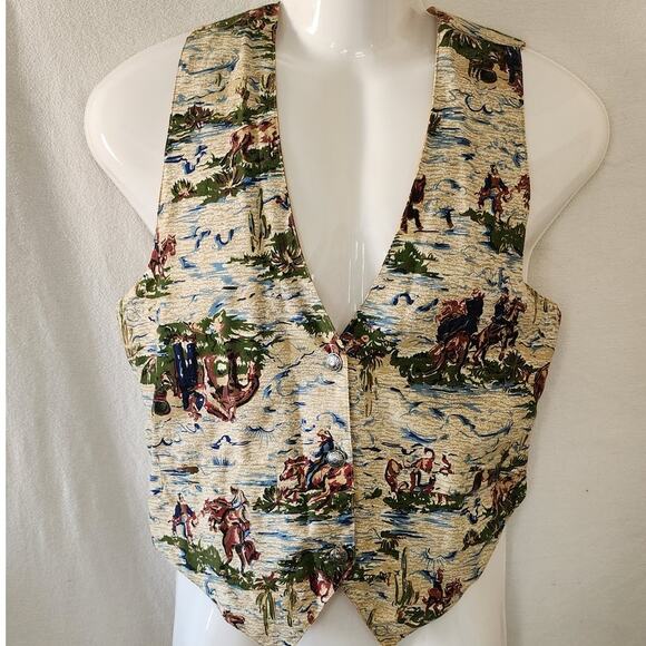 Vtg At Last Basics Cowboy Western Themed Sleeveless Button Down Vest Womens Med - Picture 1 of 7